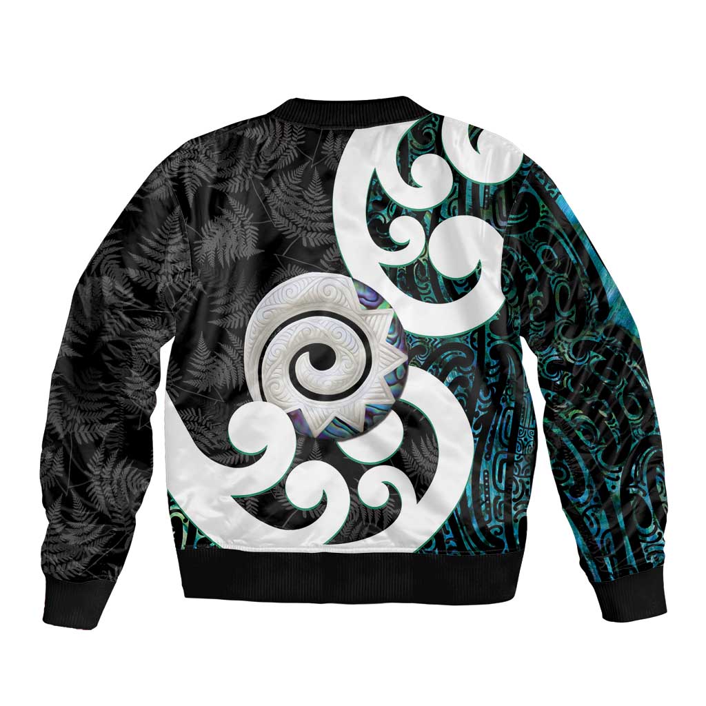 Aotearoa Koru Bomber Jacket Cyan Maori Paua Shell Mix Silver Fern - Vibe Hoodie Shop