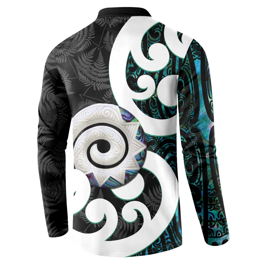 Aotearoa Koru Button Sweatshirt Cyan Maori Paua Shell Mix Silver Fern