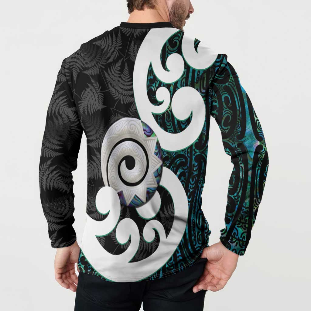 Aotearoa Koru Button Sweatshirt Cyan Maori Paua Shell Mix Silver Fern