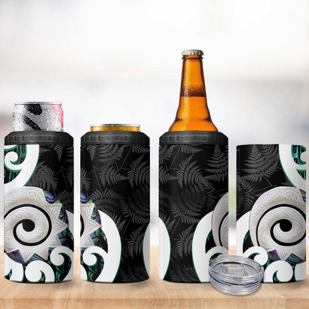 Aotearoa Koru 4 in 1 Can Cooler Tumbler Cyan Maori Paua Shell Mix Silver Fern