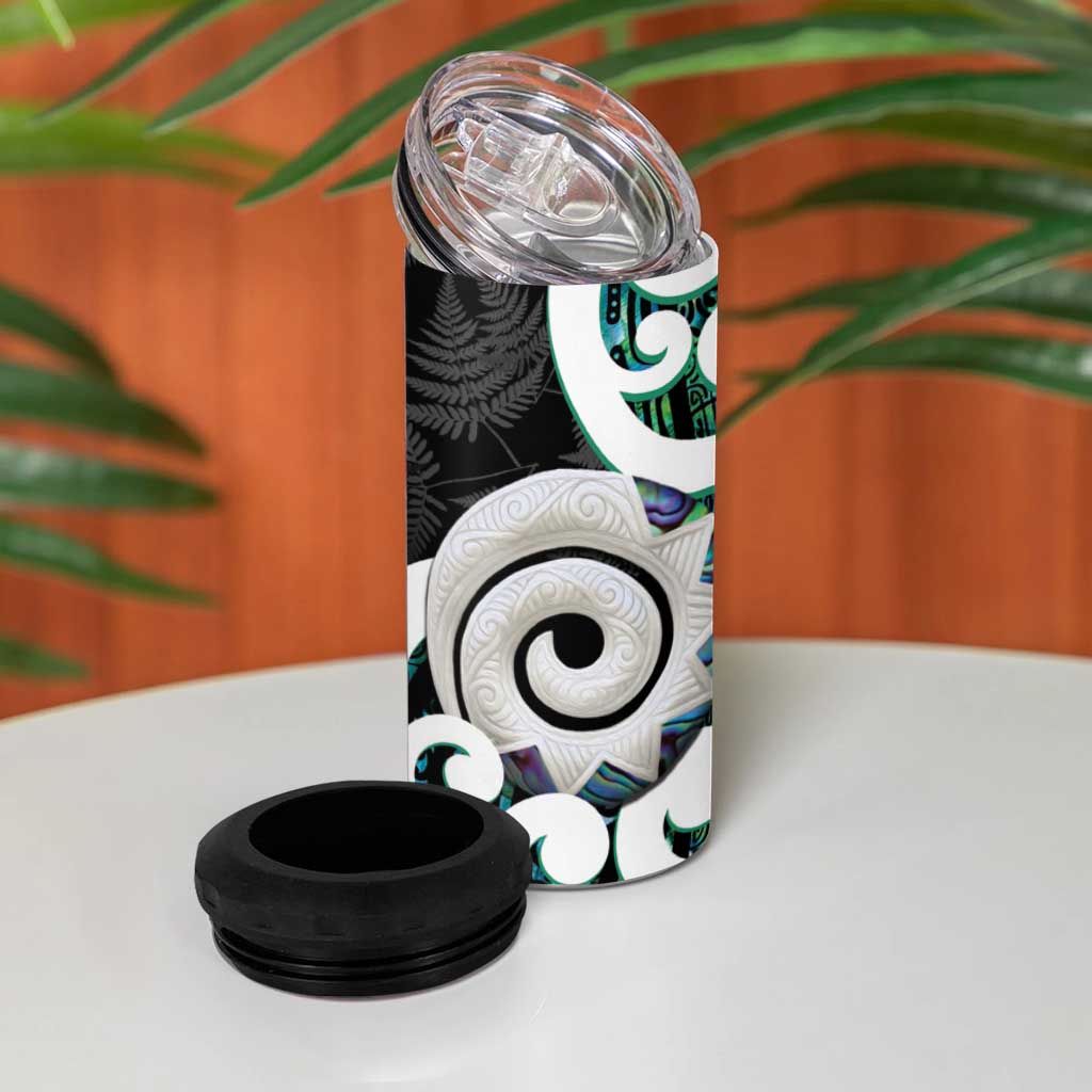 Aotearoa Koru 4 in 1 Can Cooler Tumbler Cyan Maori Paua Shell Mix Silver Fern