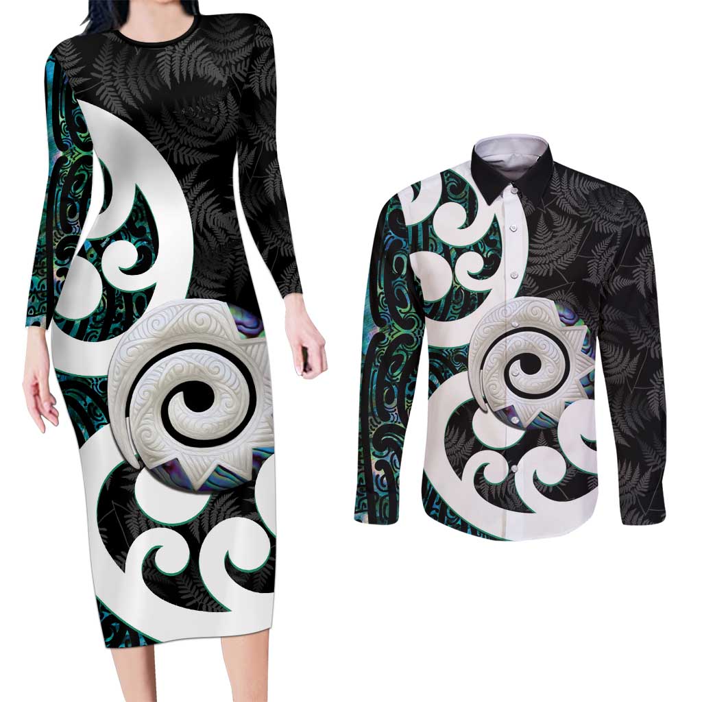 Aotearoa Koru Couples Matching Long Sleeve Bodycon Dress and Long Sleeve Button Shirt Cyan Maori Paua Shell Mix Silver Fern