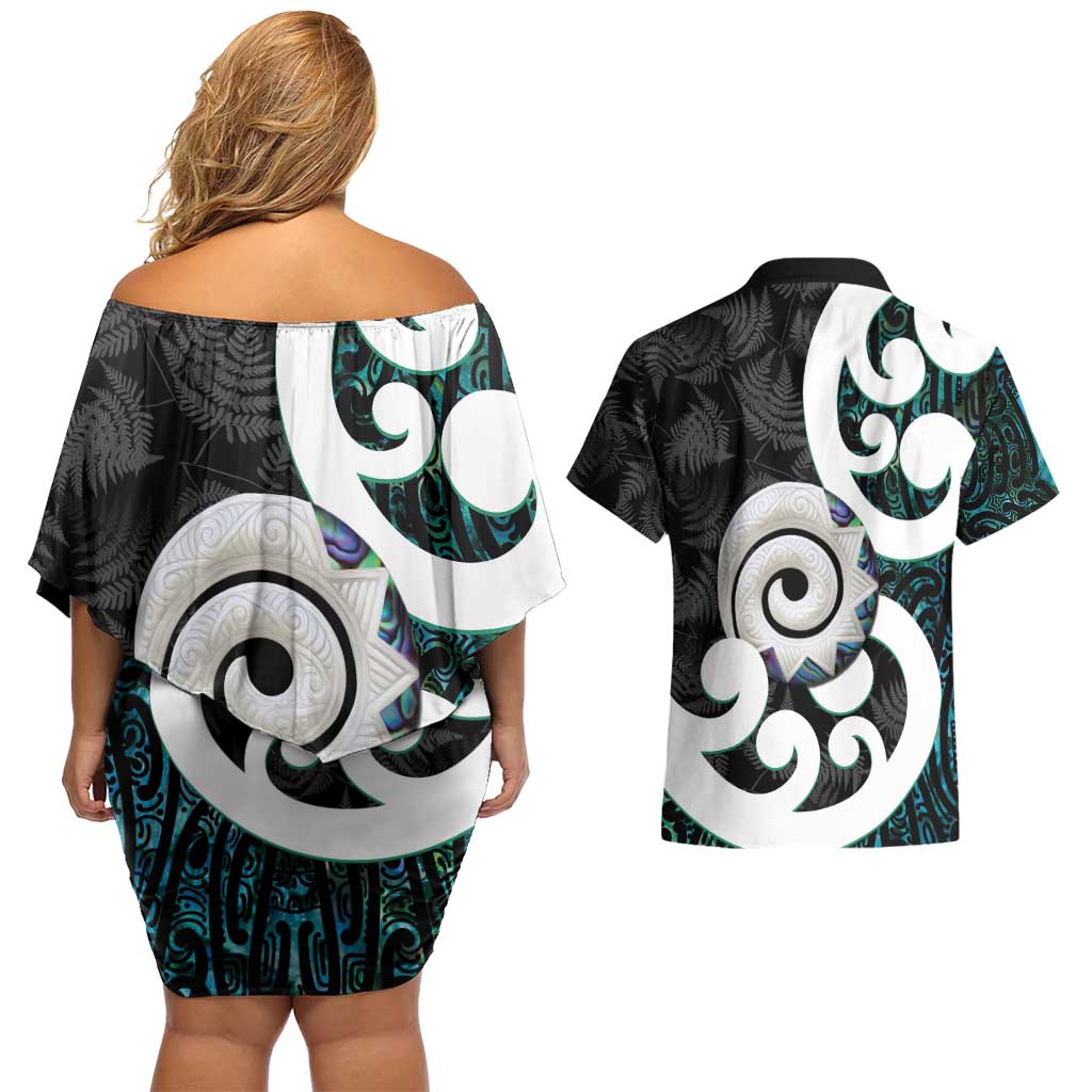 Aotearoa Koru Couples Matching Off Shoulder Short Dress and Hawaiian Shirt Cyan Maori Paua Shell Mix Silver Fern