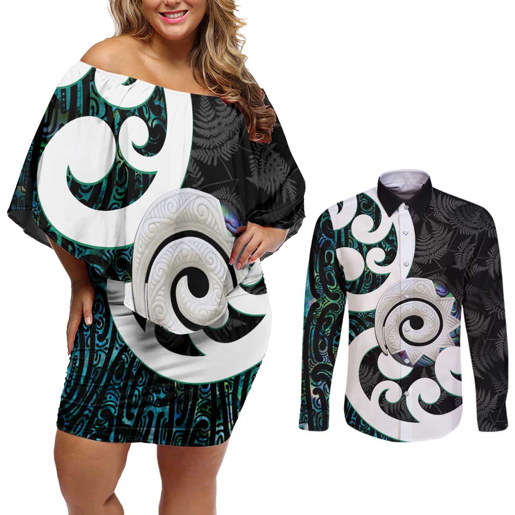 Aotearoa Koru Couples Matching Off Shoulder Short Dress and Long Sleeve Button Shirt Cyan Maori Paua Shell Mix Silver Fern