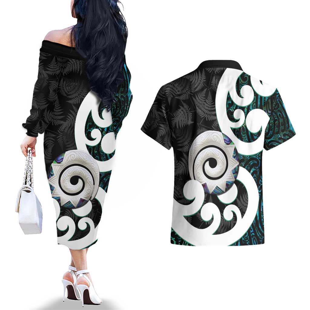 Aotearoa Koru Couples Matching Off The Shoulder Long Sleeve Dress and Hawaiian Shirt Cyan Maori Paua Shell Mix Silver Fern