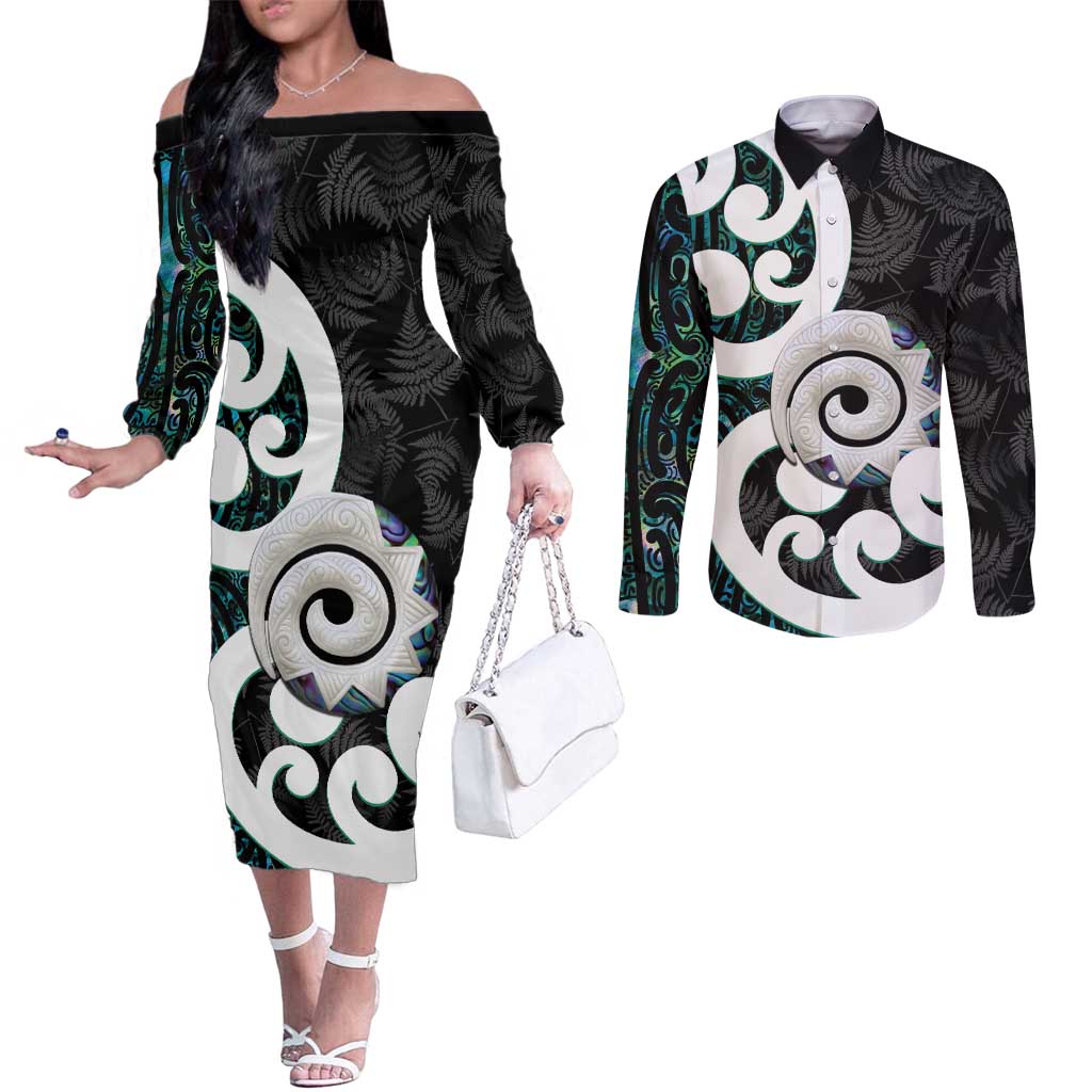 Aotearoa Koru Couples Matching Off The Shoulder Long Sleeve Dress and Long Sleeve Button Shirt Cyan Maori Paua Shell Mix Silver Fern