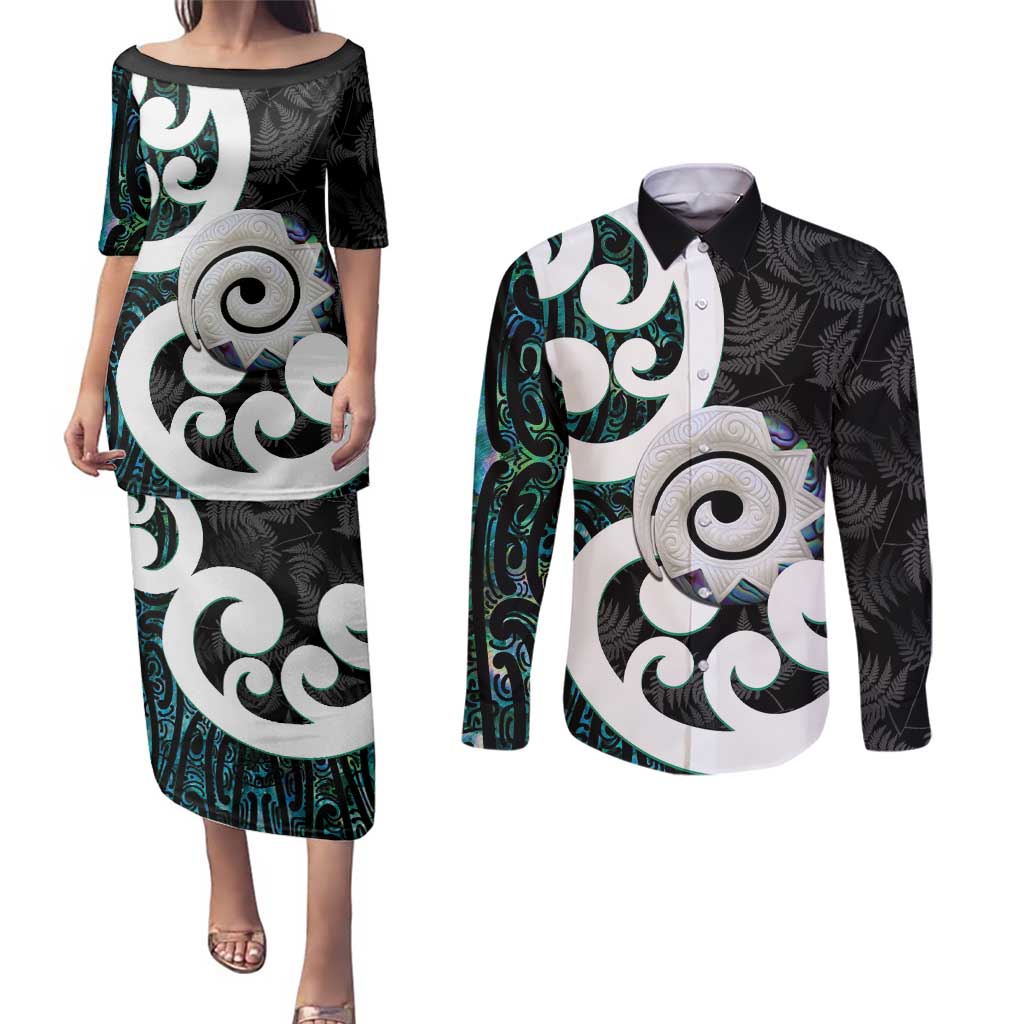 Aotearoa Koru Couples Matching Puletasi and Long Sleeve Button Shirt Cyan Maori Paua Shell Mix Silver Fern