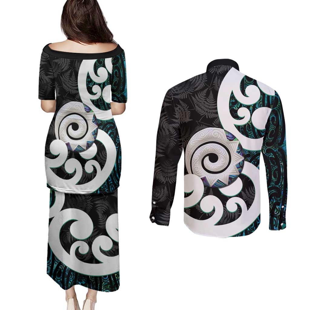 Aotearoa Koru Couples Matching Puletasi and Long Sleeve Button Shirt Cyan Maori Paua Shell Mix Silver Fern