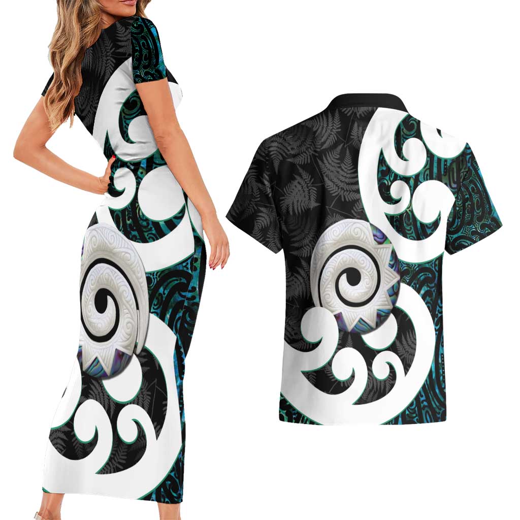 Aotearoa Koru Couples Matching Short Sleeve Bodycon Dress and Hawaiian Shirt Cyan Maori Paua Shell Mix Silver Fern