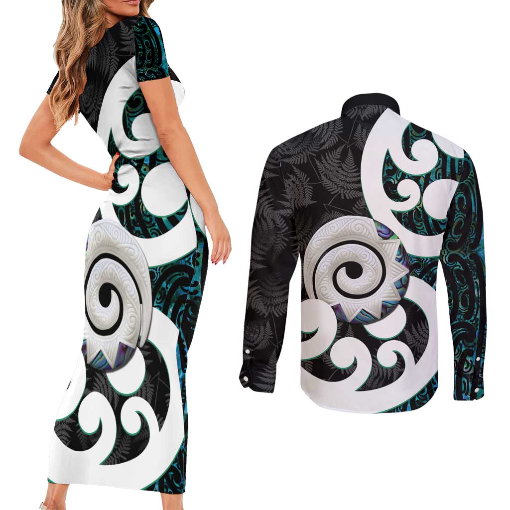 Aotearoa Koru Couples Matching Short Sleeve Bodycon Dress and Long Sleeve Button Shirt Cyan Maori Paua Shell Mix Silver Fern