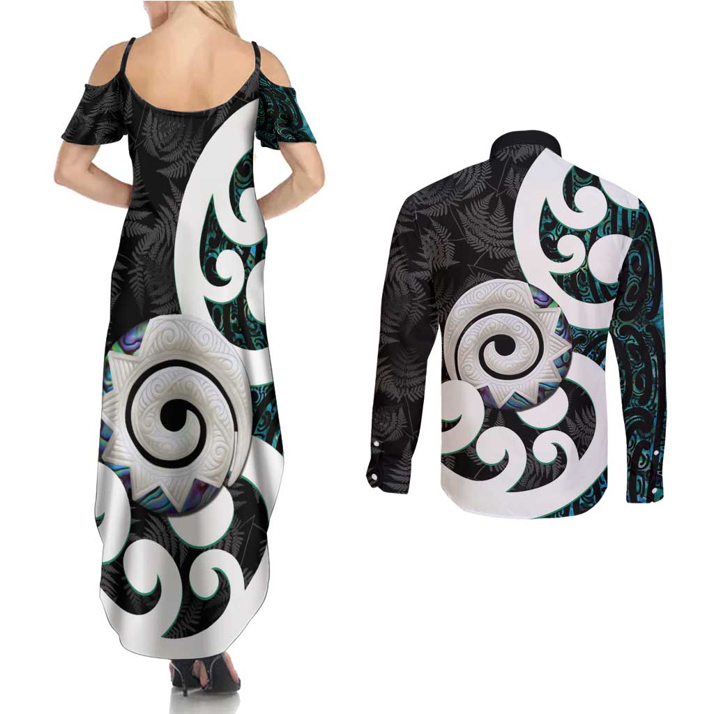 Aotearoa Koru Couples Matching Summer Maxi Dress and Long Sleeve Button Shirt Cyan Maori Paua Shell Mix Silver Fern