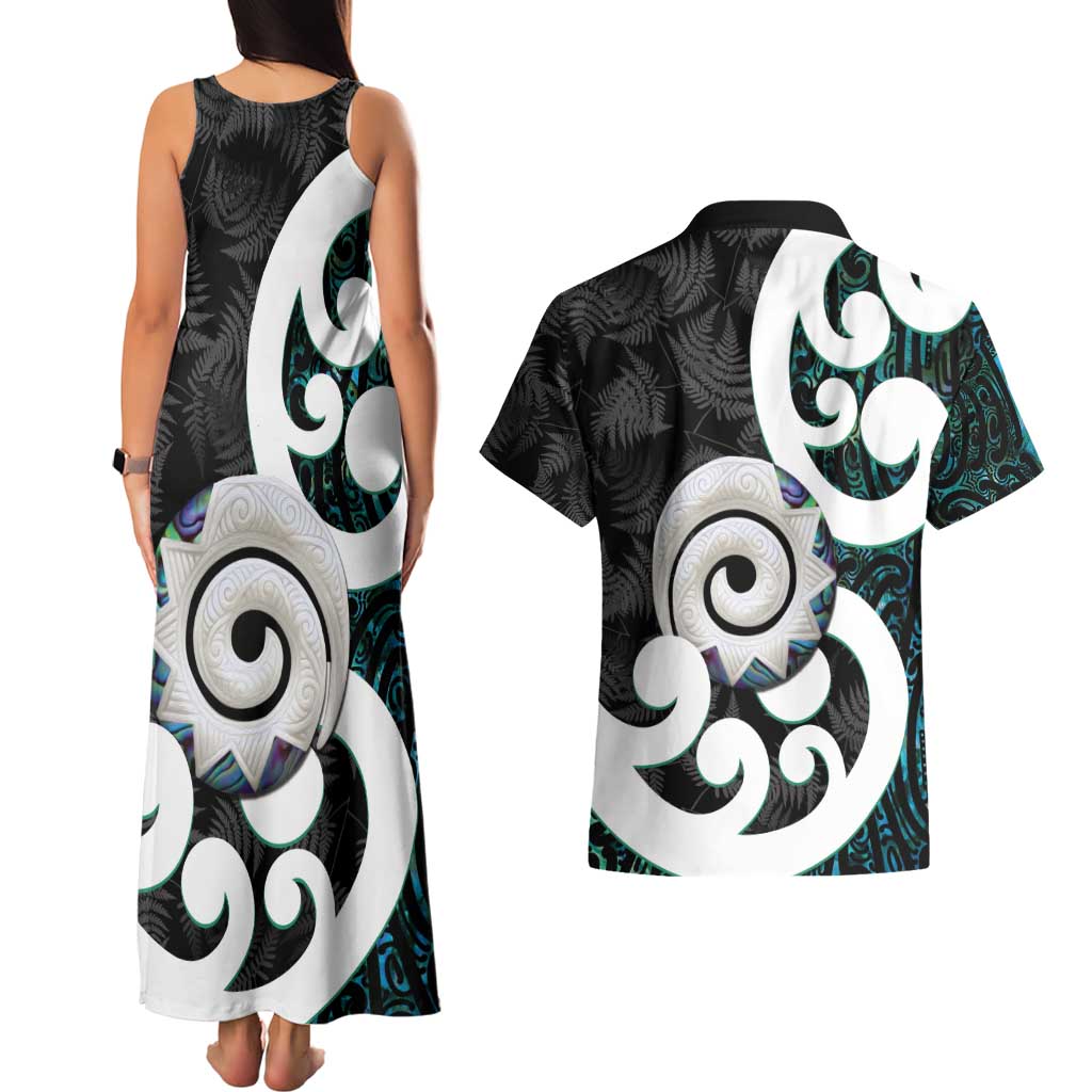 Aotearoa Koru Couples Matching Tank Maxi Dress and Hawaiian Shirt Cyan Maori Paua Shell Mix Silver Fern