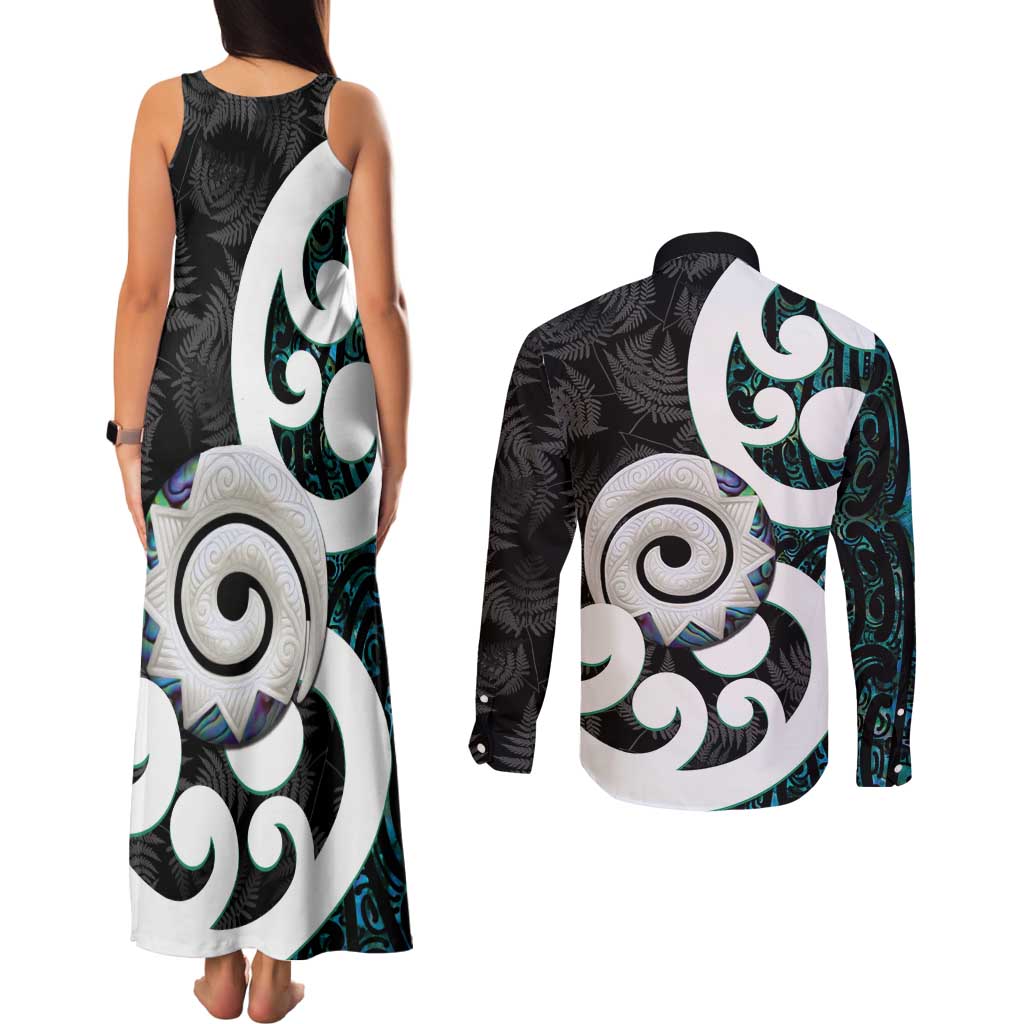 Aotearoa Koru Couples Matching Tank Maxi Dress and Long Sleeve Button Shirt Cyan Maori Paua Shell Mix Silver Fern