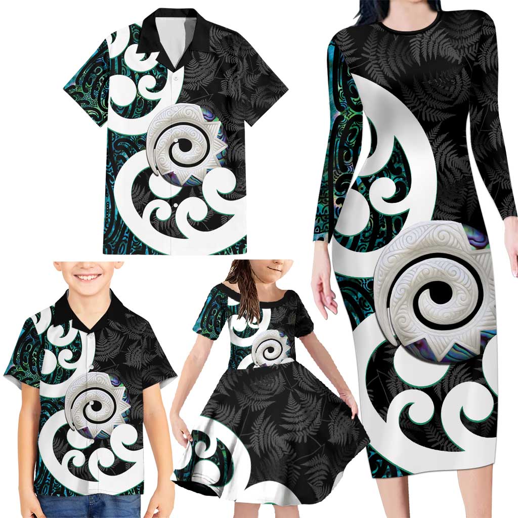 Aotearoa Koru Family Matching Long Sleeve Bodycon Dress and Hawaiian Shirt Cyan Maori Paua Shell Mix Silver Fern