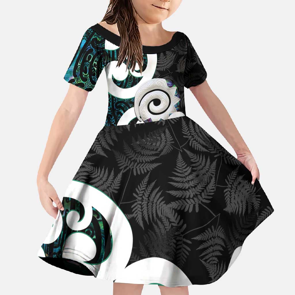 Aotearoa Koru Family Matching Long Sleeve Bodycon Dress and Hawaiian Shirt Cyan Maori Paua Shell Mix Silver Fern