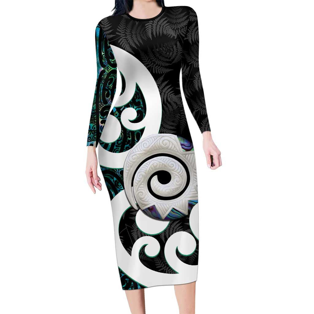 Aotearoa Koru Family Matching Long Sleeve Bodycon Dress and Hawaiian Shirt Cyan Maori Paua Shell Mix Silver Fern