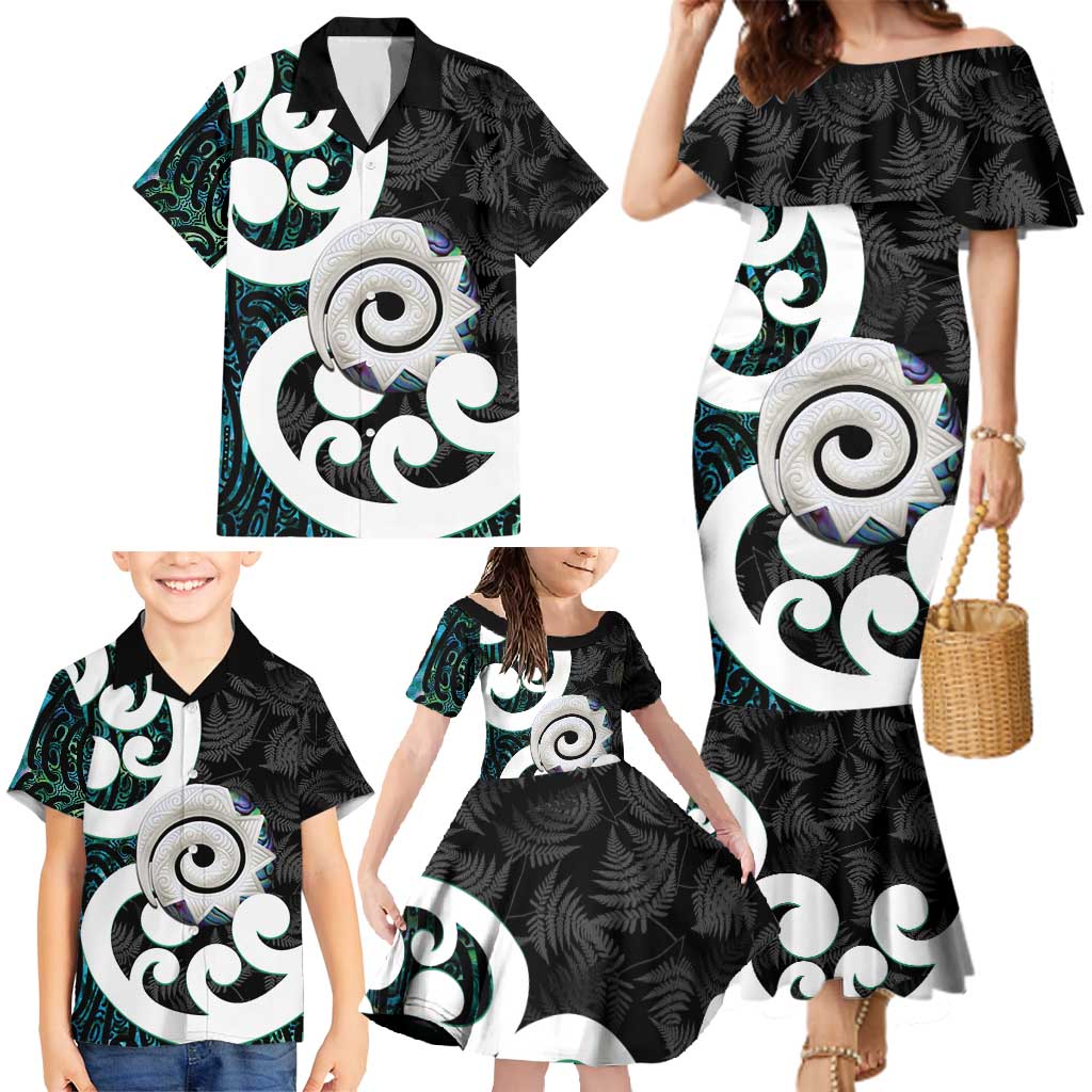 Aotearoa Koru Family Matching Mermaid Dress and Hawaiian Shirt Cyan Maori Paua Shell Mix Silver Fern