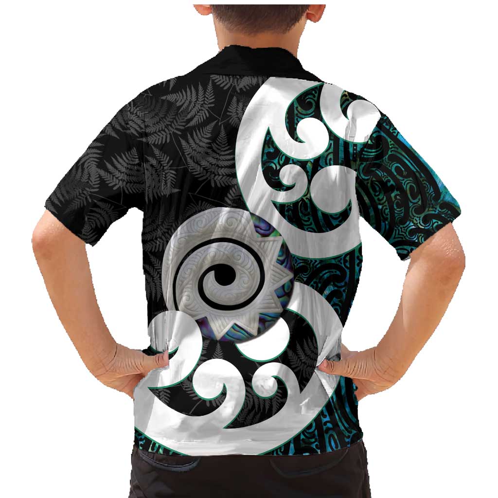 Aotearoa Koru Family Matching Mermaid Dress and Hawaiian Shirt Cyan Maori Paua Shell Mix Silver Fern