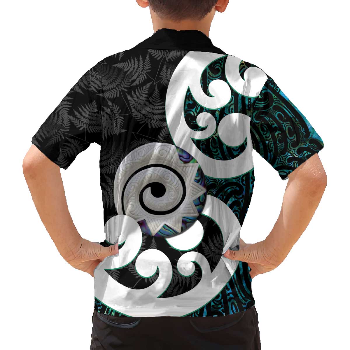 Aotearoa Koru Family Matching Off The Shoulder Long Sleeve Dress and Hawaiian Shirt Cyan Maori Paua Shell Mix Silver Fern