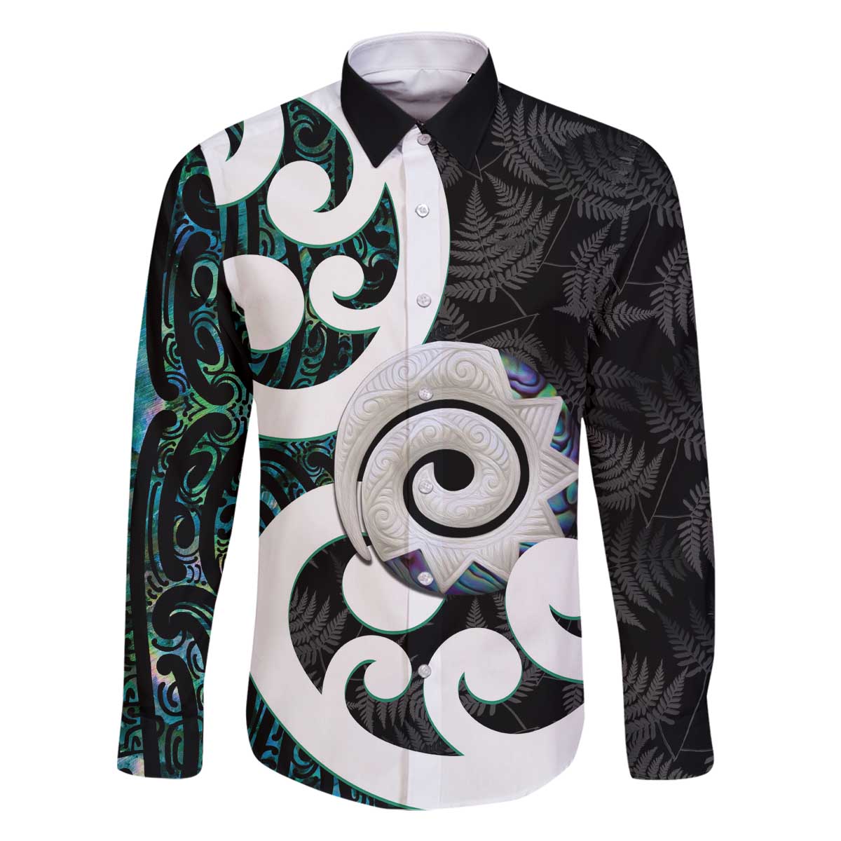 Aotearoa Koru Family Matching Off The Shoulder Long Sleeve Dress and Hawaiian Shirt Cyan Maori Paua Shell Mix Silver Fern