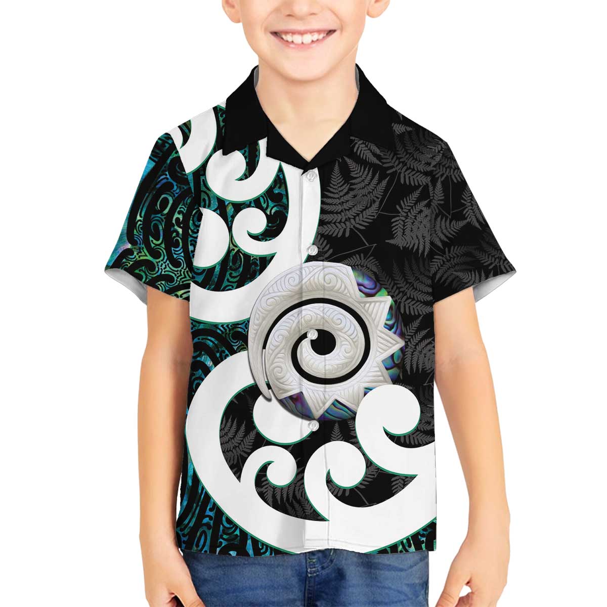 Aotearoa Koru Family Matching Off The Shoulder Long Sleeve Dress and Hawaiian Shirt Cyan Maori Paua Shell Mix Silver Fern