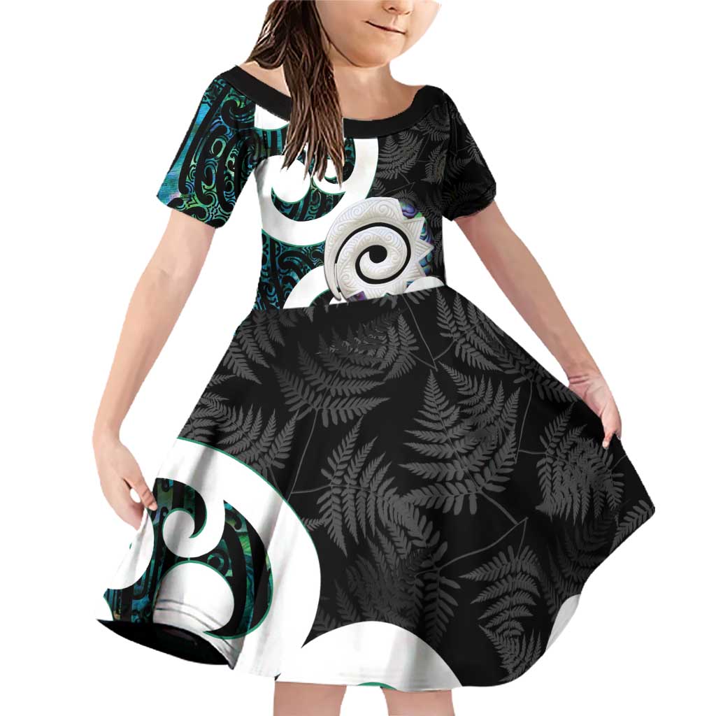 Aotearoa Koru Family Matching Off Shoulder Short Dress and Hawaiian Shirt Cyan Maori Paua Shell Mix Silver Fern