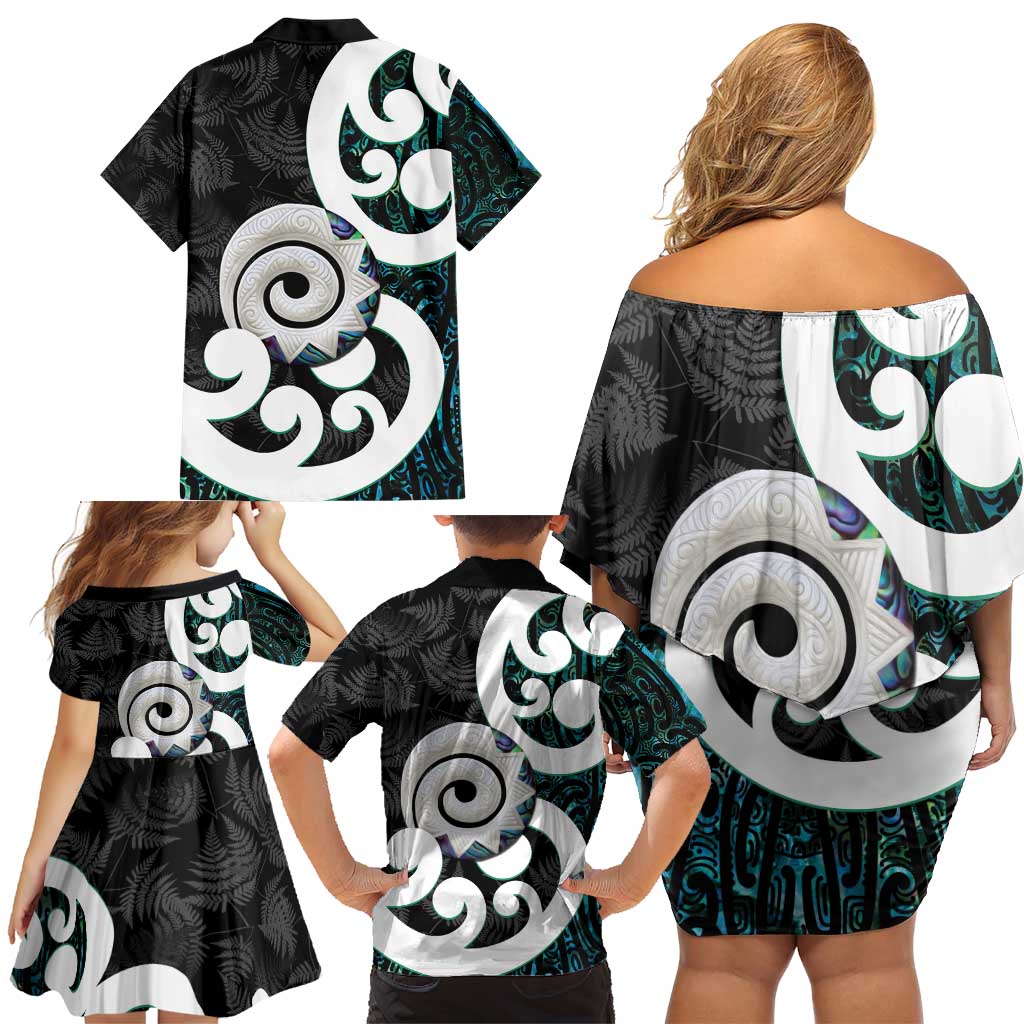 Aotearoa Koru Family Matching Off Shoulder Short Dress and Hawaiian Shirt Cyan Maori Paua Shell Mix Silver Fern