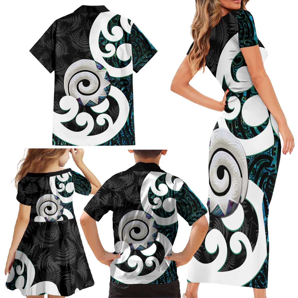 Aotearoa Koru Family Matching Short Sleeve Bodycon Dress and Hawaiian Shirt Cyan Maori Paua Shell Mix Silver Fern