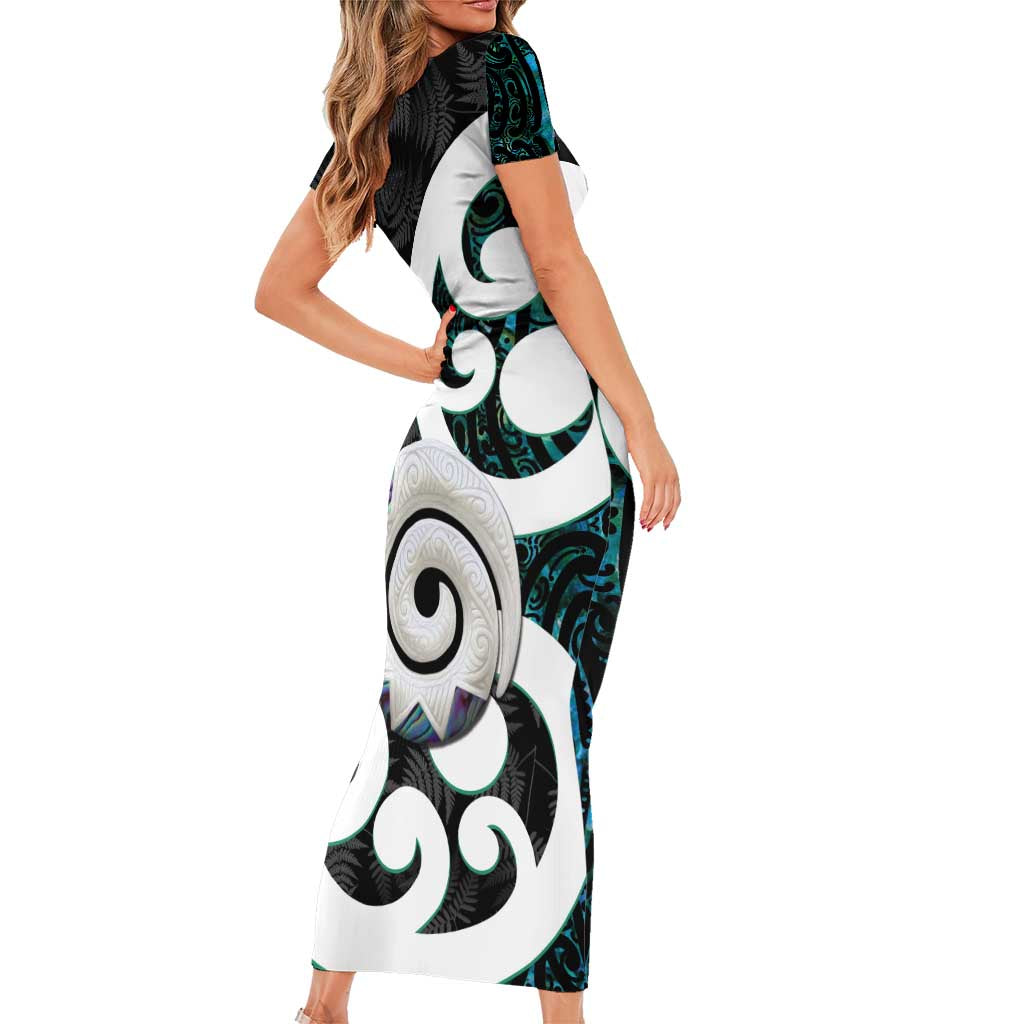 Aotearoa Koru Family Matching Short Sleeve Bodycon Dress and Hawaiian Shirt Cyan Maori Paua Shell Mix Silver Fern