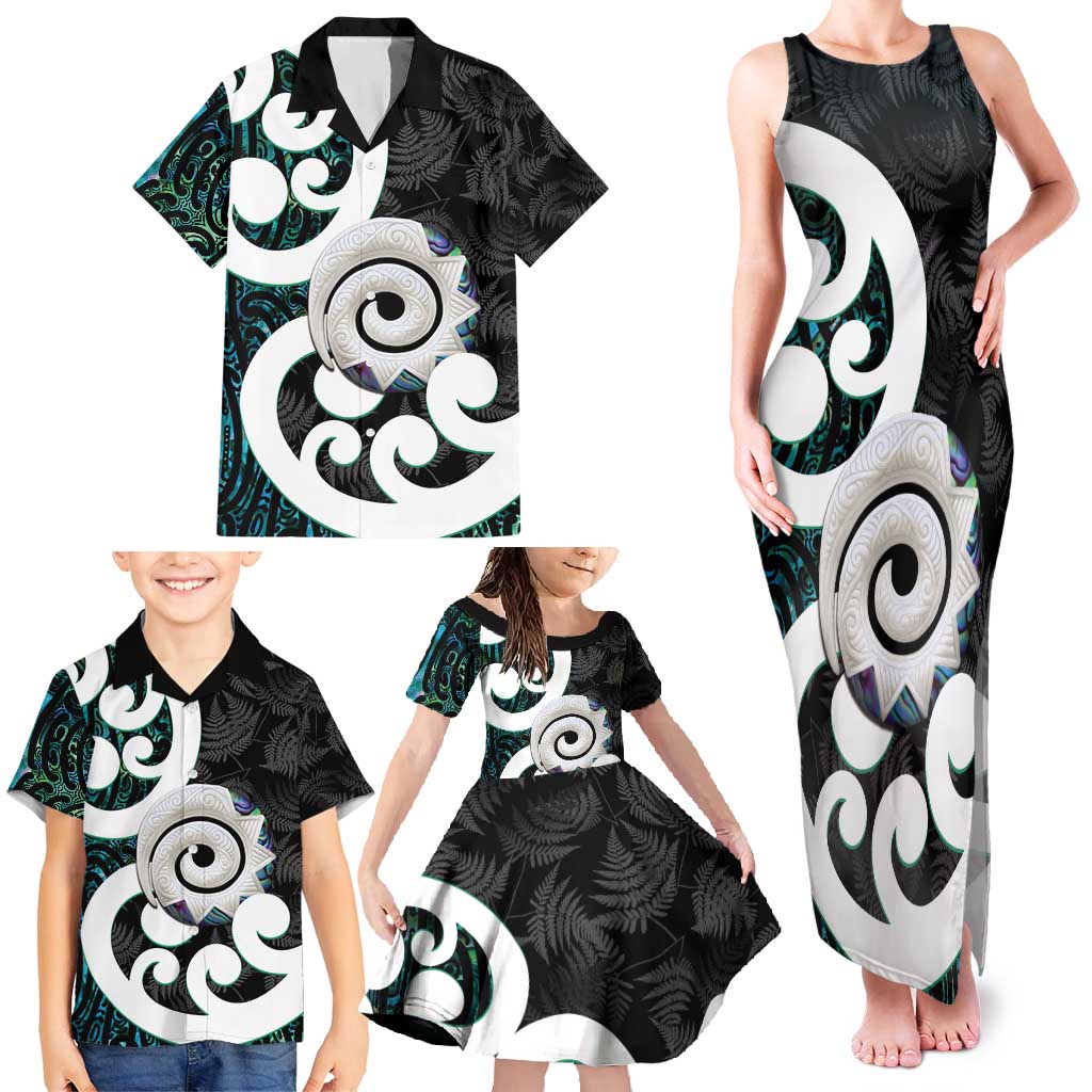 Aotearoa Koru Family Matching Tank Maxi Dress and Hawaiian Shirt Cyan Maori Paua Shell Mix Silver Fern