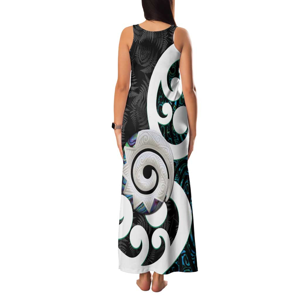 Aotearoa Koru Family Matching Tank Maxi Dress and Hawaiian Shirt Cyan Maori Paua Shell Mix Silver Fern