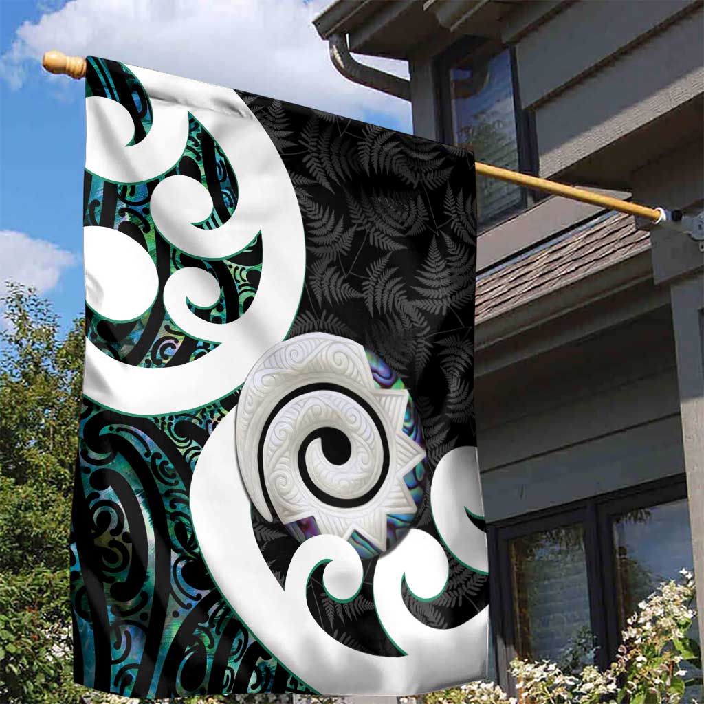 Aotearoa Koru Garden Flag Cyan Maori Paua Shell Mix Silver Fern - Vibe Hoodie Shop