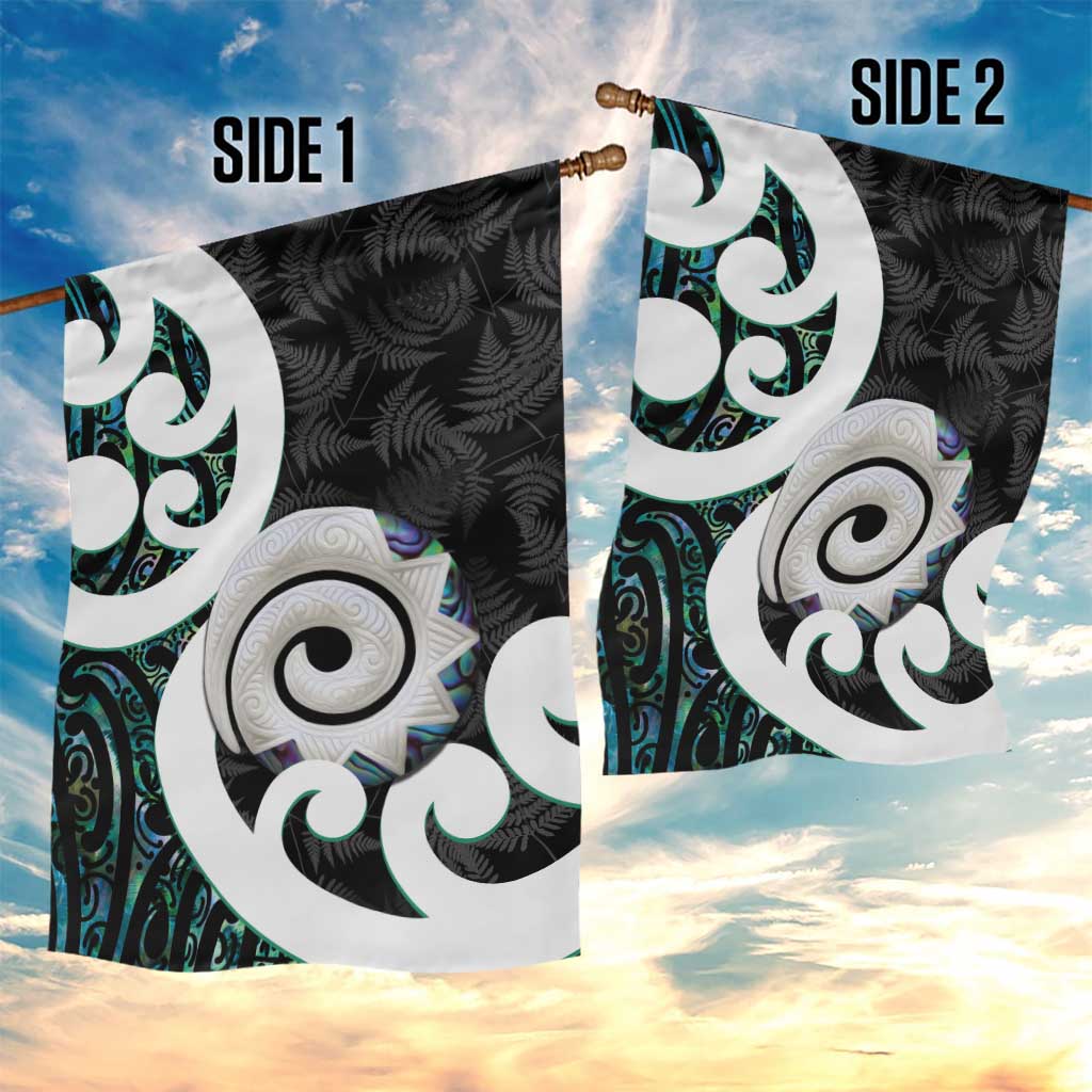 Aotearoa Koru Garden Flag Cyan Maori Paua Shell Mix Silver Fern - Vibe Hoodie Shop