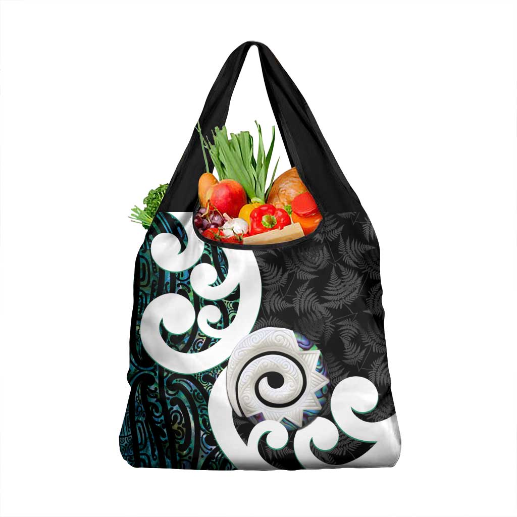 Aotearoa Koru Grocery Bag Cyan Maori Paua Shell Mix Silver Fern