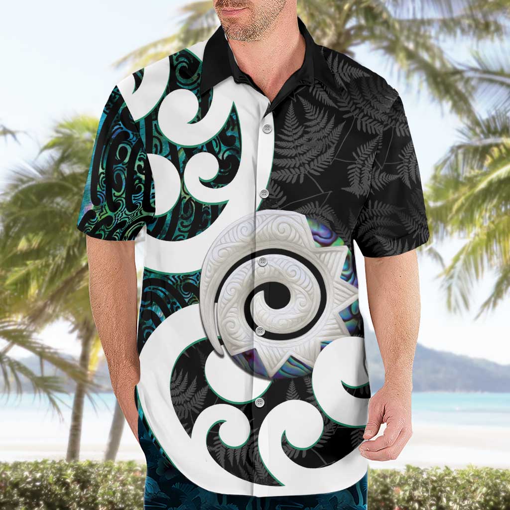 Aotearoa Koru Hawaiian Shirt Cyan Maori Paua Shell Mix Silver Fern - Vibe Hoodie Shop