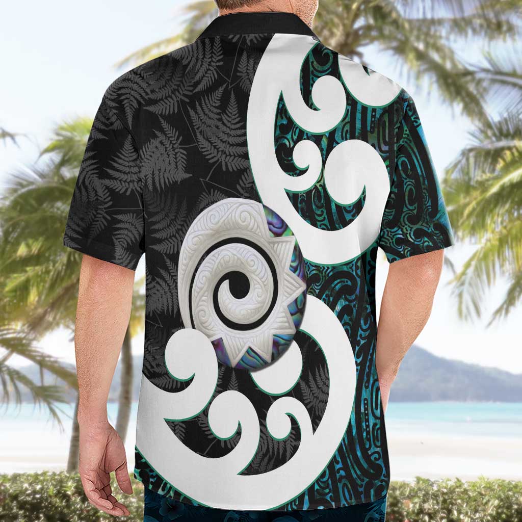 Aotearoa Koru Hawaiian Shirt Cyan Maori Paua Shell Mix Silver Fern - Vibe Hoodie Shop