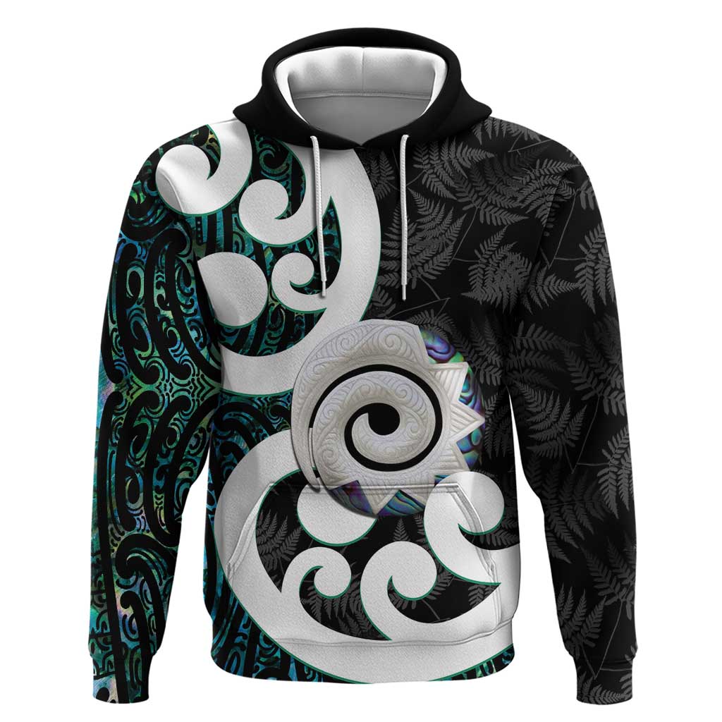 Aotearoa Koru Hoodie Cyan Maori Paua Shell Mix Silver Fern - Vibe Hoodie Shop