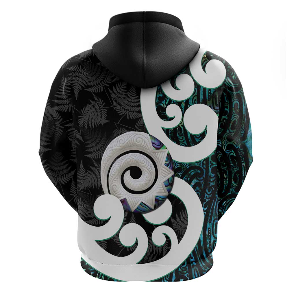 Aotearoa Koru Hoodie Cyan Maori Paua Shell Mix Silver Fern - Vibe Hoodie Shop