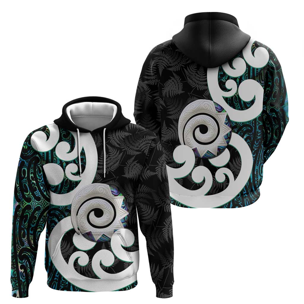 Aotearoa Koru Hoodie Cyan Maori Paua Shell Mix Silver Fern - Vibe Hoodie Shop