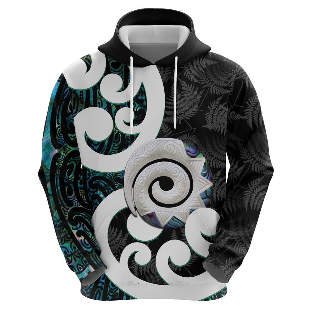 Aotearoa Koru Hoodie Cyan Maori Paua Shell Mix Silver Fern - Vibe Hoodie Shop