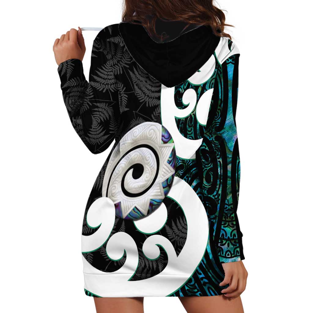 Aotearoa Koru Hoodie Dress Cyan Maori Paua Shell Mix Silver Fern - Vibe Hoodie Shop