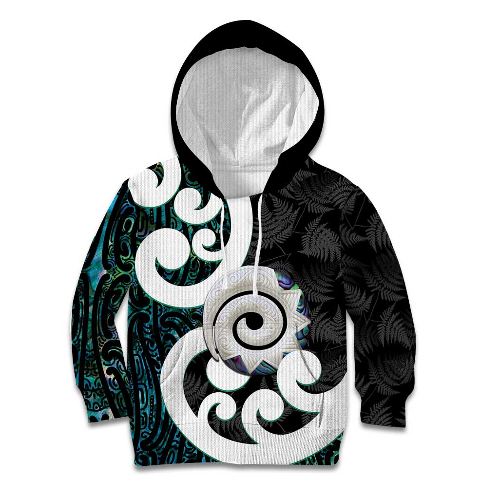 Aotearoa Koru Kid Hoodie Cyan Maori Paua Shell Mix Silver Fern - Vibe Hoodie Shop