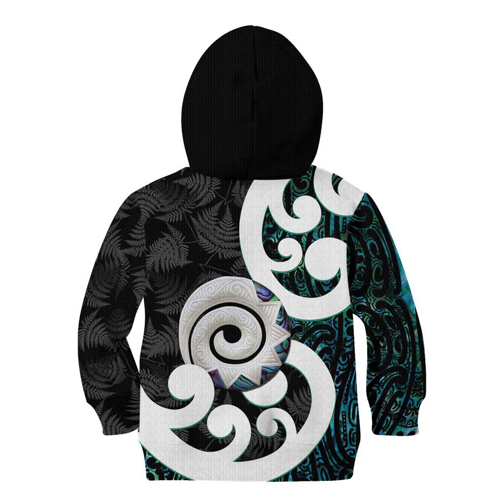 Aotearoa Koru Kid Hoodie Cyan Maori Paua Shell Mix Silver Fern - Vibe Hoodie Shop