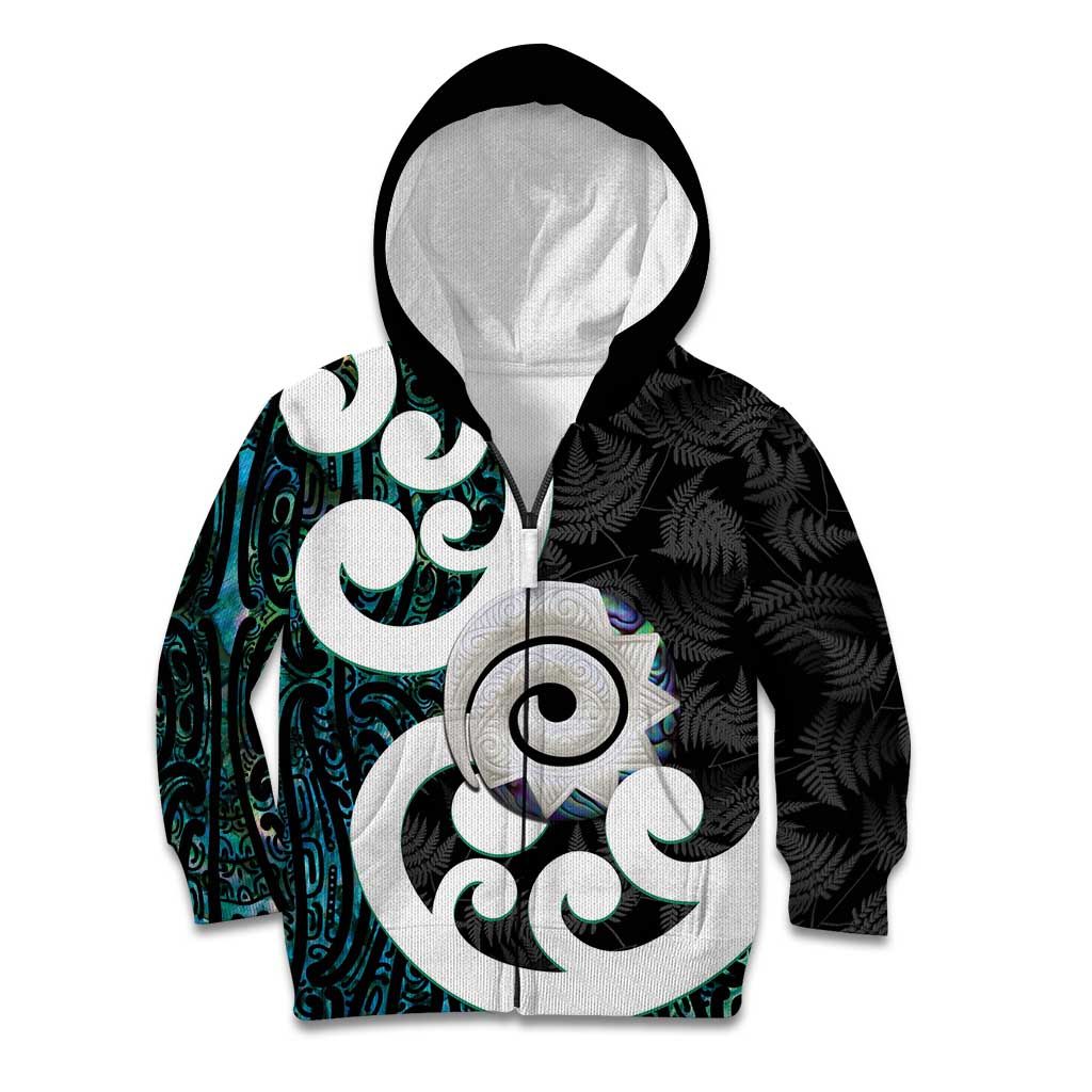 Aotearoa Koru Kid Hoodie Cyan Maori Paua Shell Mix Silver Fern - Vibe Hoodie Shop