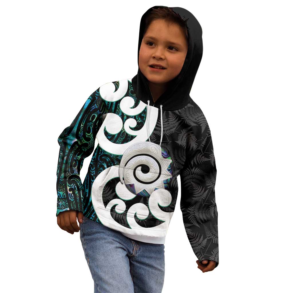 Aotearoa Koru Kid Hoodie Cyan Maori Paua Shell Mix Silver Fern - Vibe Hoodie Shop