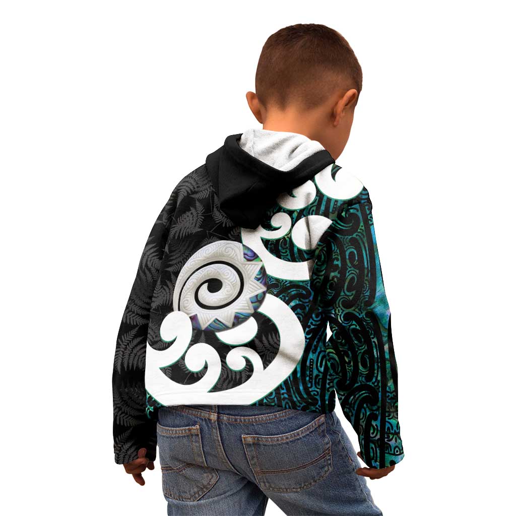 Aotearoa Koru Kid Hoodie Cyan Maori Paua Shell Mix Silver Fern - Vibe Hoodie Shop