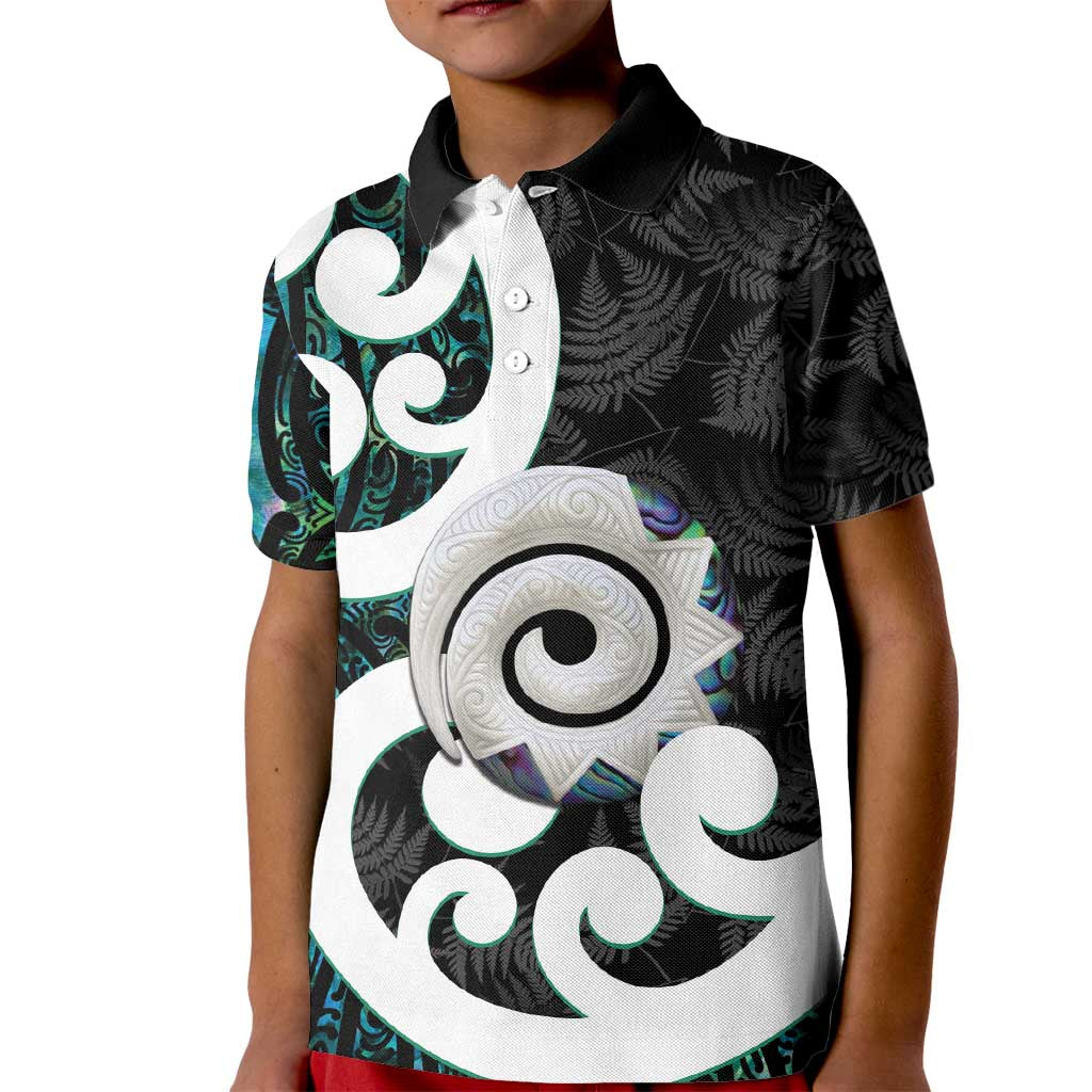 Aotearoa Koru Kid Polo Shirt Cyan Maori Paua Shell Mix Silver Fern - Vibe Hoodie Shop