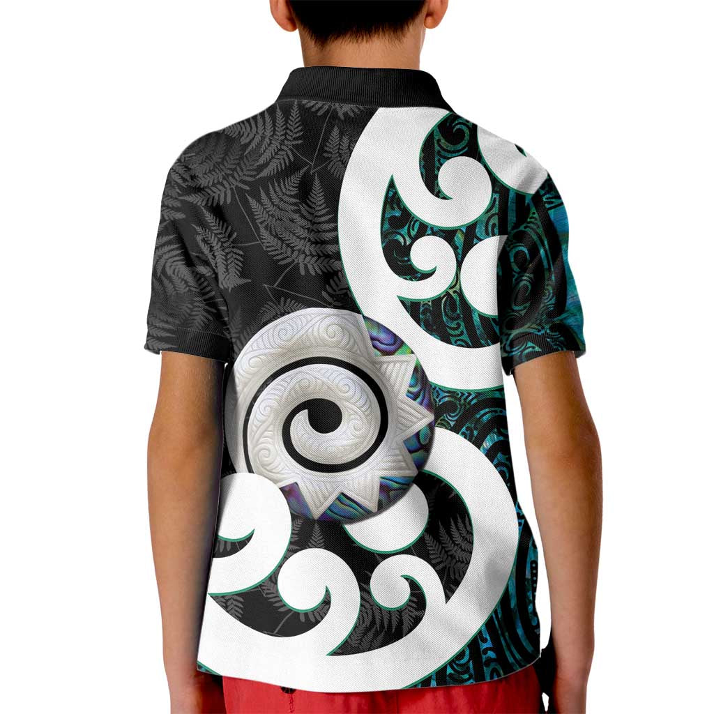 Aotearoa Koru Kid Polo Shirt Cyan Maori Paua Shell Mix Silver Fern - Vibe Hoodie Shop