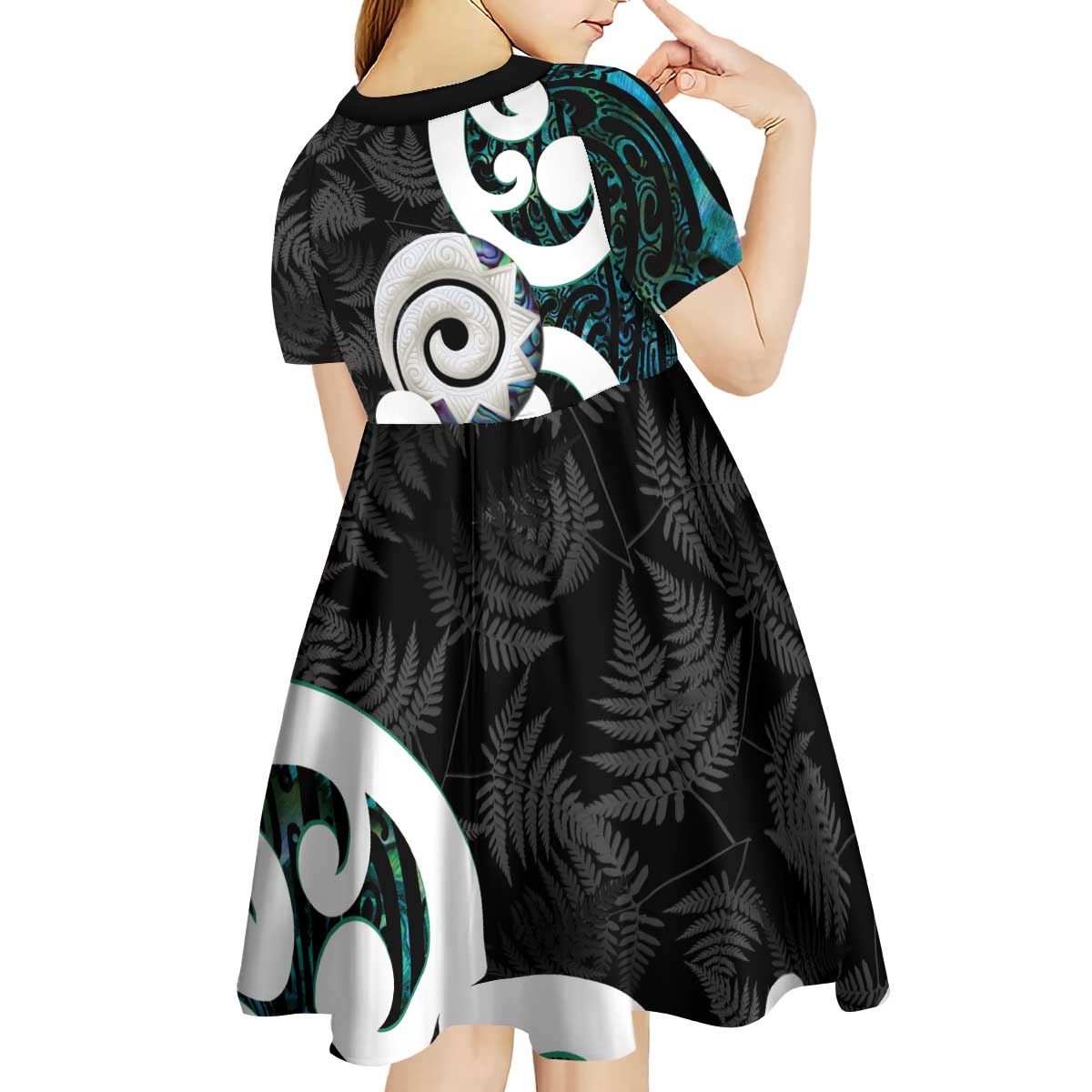 Aotearoa Koru Kid Short Sleeve Dress Cyan Maori Paua Shell Mix Silver Fern - Vibe Hoodie Shop