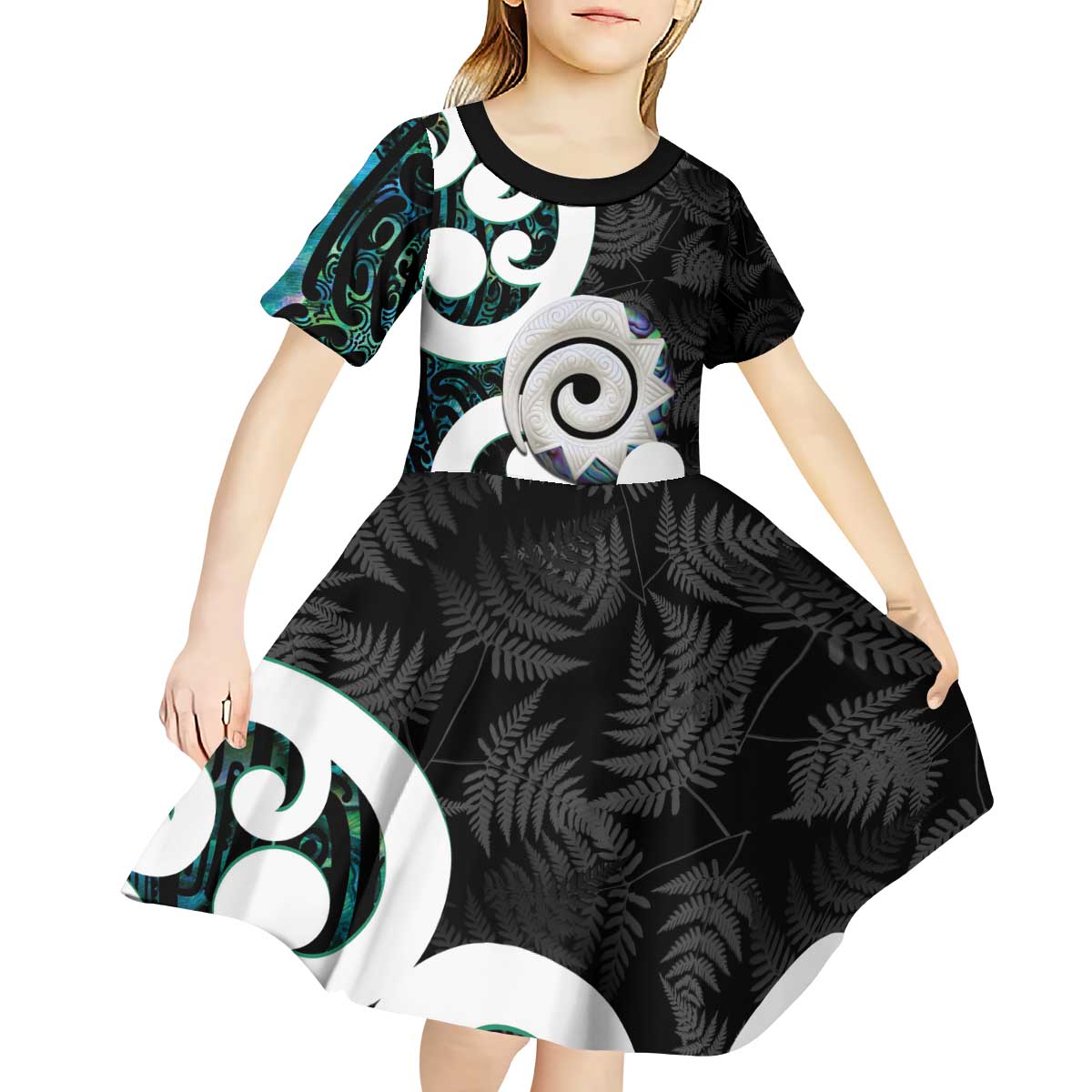 Aotearoa Koru Kid Short Sleeve Dress Cyan Maori Paua Shell Mix Silver Fern - Vibe Hoodie Shop